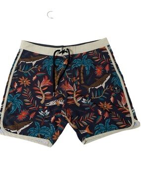 Vissla Men's Board Shorts Dark Tropical Print With Sharks Beige Trim Beach 38